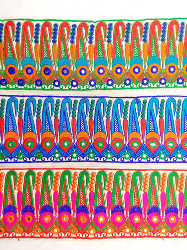 Off White Art Silk Fabric Trim, Paisley Embroidered Trim, Foil Mirror Embroidery